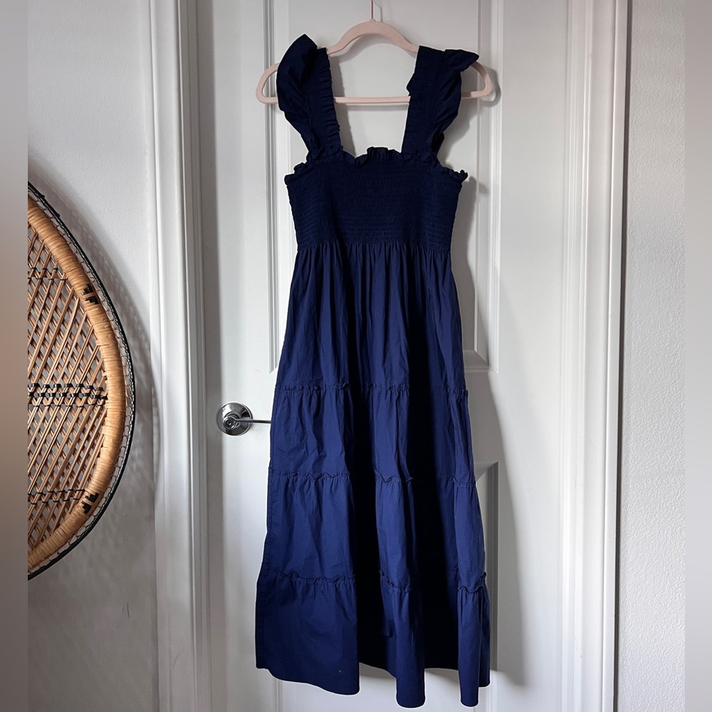 Hill House The Nap Dress - Smocked Ruffle Sleeve Midi Dress - Navy - Picture 3 of 11
